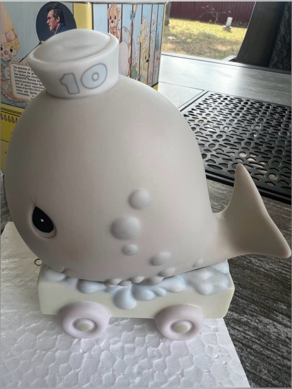 Precious Moments Pale Gray Whale Pull Toy with Soft Pink Wheels and White Hat